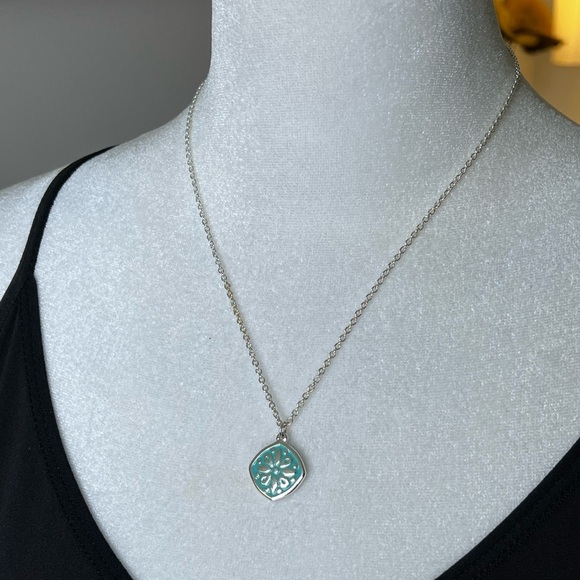 Premier Silver Necklace with Reversible Teal and Silver Pendant - Picture 2 of 9